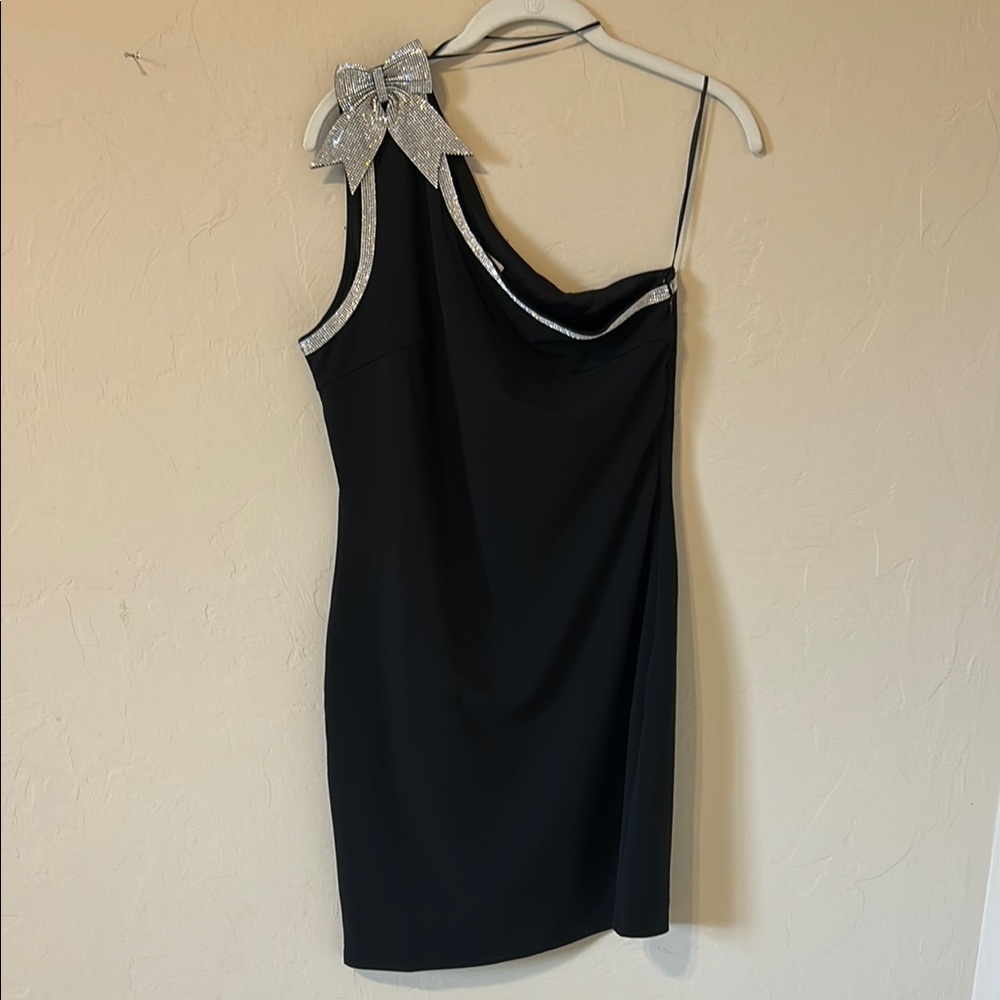 Lena Black One Shoulder Dress with Silver Accents